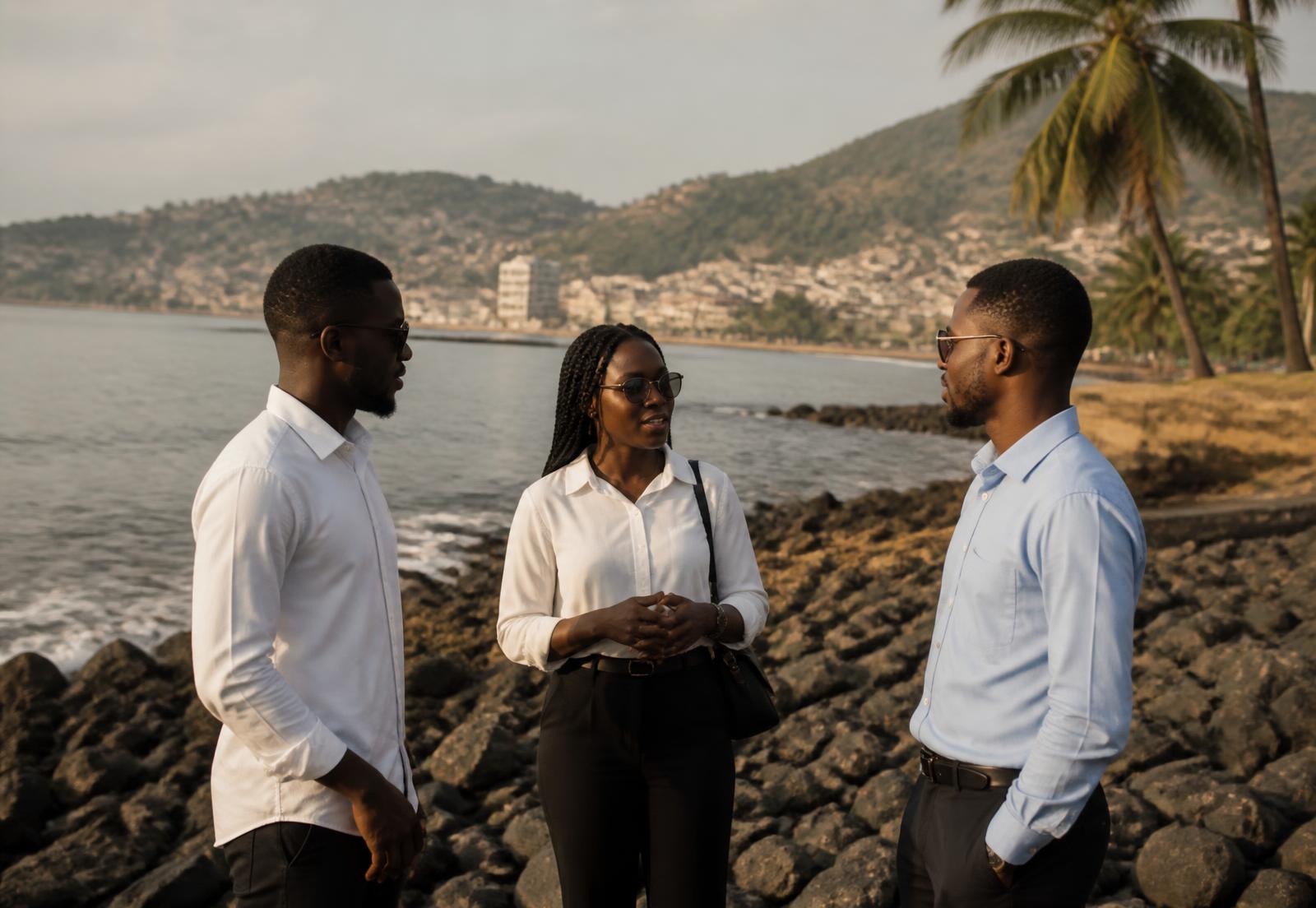 Three Sierra Leonean professionals in conversation on the rocky Freetown shoreline, with the hillside city behind them